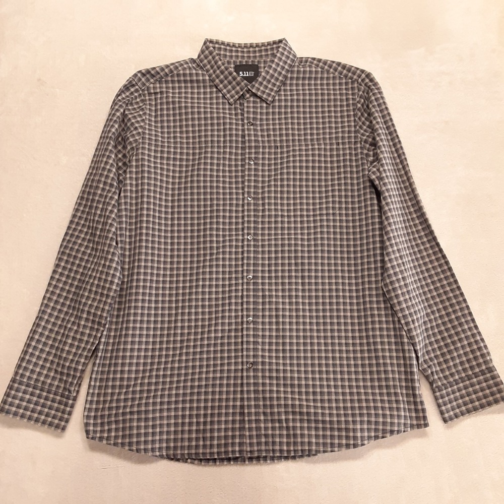 5.11 Tactical Mens Long Sleeve Snap Button L Gray Mini Check Plaid Casual